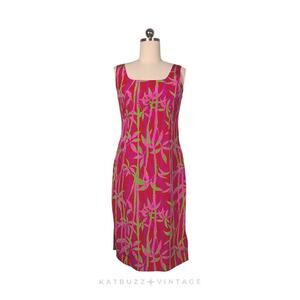 Vintage Silk Blend Dress 8 Red Pink Green Sheath Knee Length Tropical Beach Luau